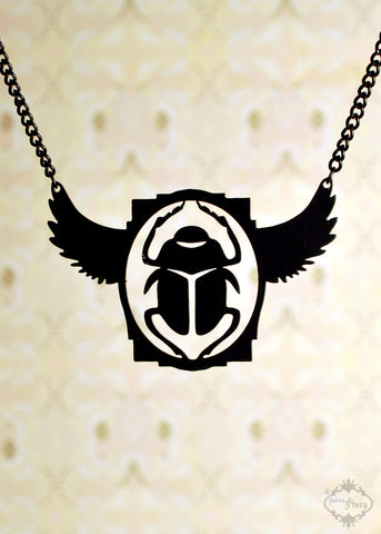 Egyptian Art Deco Scarab Beetle Necklace in black stainless steel
