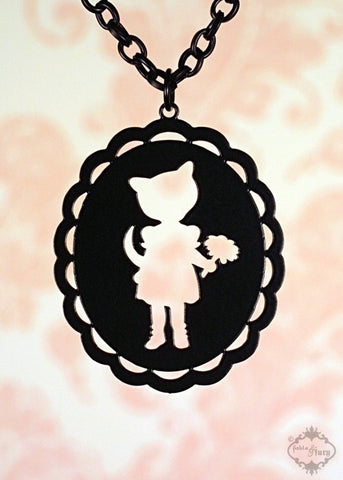 Cat Girl Oval Cameo Necklace in black stainless steel