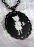 Cat Girl Oval Cameo Necklace in black stainless steel