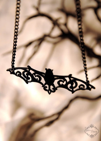 Filigree Victorian Bat necklace in black stainless steel