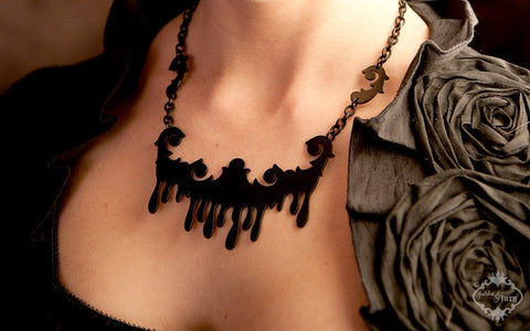 Ornate Drip Chandelier Collar Necklace in black stainless steel