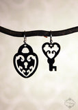 Lock and Skeleton Key asymmetrical earrings in black stainless steel