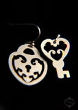 Ornate Heart Lock and Key asymmetrical earrings in silver stainless steel