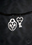 Ornate Heart Lock and Key asymmetrical earrings in silver stainless steel